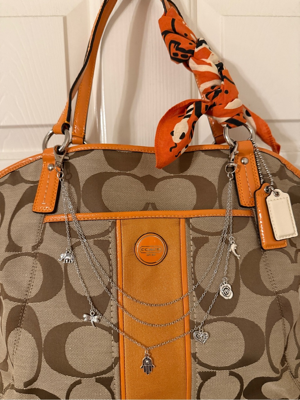 NWT Coach Signature Stripe Pocket Tote in Khaki and Orange Spice - Picture 9 of 9